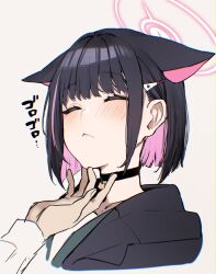 Rule 34 | 1girl, animal ears, black choker, black hair, blue archive, blush, bob cut, cat ears, choker, closed eyes, colored inner hair, danimaru, hand on another&#039;s chin, highres, hood, hooded jacket, jacket, kazusa (blue archive), multicolored hair, pink hair, stroking another&#039;s chin