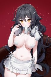 Rule 34 | 1girl, apron, azuma (azur lane), azur lane, bandaid, bandaids on nipples, black hair, breasts, cowboy shot, detached collar, detached sleeves, glove in mouth, gloves, hair flaps, hair ornament, hairclip, hand up, highres, hyoin, large breasts, long hair, looking at viewer, miniskirt, mouth hold, navel, pasties, pleated skirt, red background, skirt, solo, stomach, topless, very long hair, waist apron, white gloves, white skirt