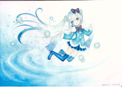 Rule 34 | 1girl, bow, dated, hair bow, hatsune miku, long hair, mosho, scarf, signature, snowflakes, solo, star (symbol), thighhighs, traditional media, twintails, very long hair, vocaloid, yuki miku