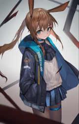 Rule 34 | 1girl, absurdres, amiya (arknights), animal ears, arknights, ascot, black ascot, black coat, blue choker, blue eyes, blue skirt, brown pantyhose, choker, closed mouth, clothes writing, coat, cowboy shot, eyebrows hidden by hair, gradient background, grey background, hands in pockets, henginnnnnn, highres, hood, hood down, hooded coat, looking at viewer, miniskirt, open clothes, open coat, pantyhose, plaid, plaid skirt, pleated skirt, ponytail, rabbit ears, shirt, sidelocks, skirt, solo, thighlet, white shirt