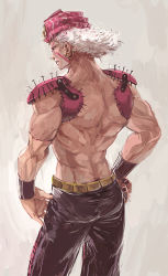 Rule 34 | 1boy, bad id, bad pixiv id, chocoblood, earrings, esidisi, from behind, hat, jewelry, jojo no kimyou na bouken, male focus, manly, topless male, shoulder pads, solo, stitches, white hair