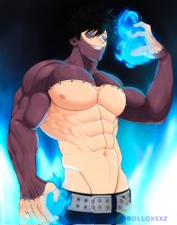 Rule 34 | 1boy, abs, attack, aura, bare shoulders, black hair, blue eyes, blue fire, boku no hero academia, burn scar, burning, dabi (boku no hero academia), energy, fire, gym uniform, highres, looking at viewer, looking down, male focus, muscular, muscular arms, muscular male, pectorals, power, pubic hair, scar, short hair, smile, topless male