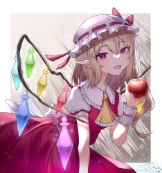Rule 34 | 1girl, absurdres, apple, ascot, back bow, blonde hair, bow, collared shirt, crystal, dated, fangs, flandre scarlet, food, frilled ascot, frilled shirt collar, frills, fruit, glowing, glowing wings, hair between eyes, hat, highres, holding, holding food, holding fruit, leaning forward, medium hair, mob cap, multicolored wings, open mouth, pointy ears, puffy short sleeves, puffy sleeves, red eyes, red ribbon, red skirt, red vest, ribbon, ribbon-trimmed headwear, ribbon trim, shirt, short sleeves, side ponytail, signature, simple background, skirt, skirt set, solo, touhou, vest, white bow, white hat, white shirt, wings, wrist cuffs, yellow ascot, zerotsu 0215