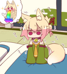 Rule 34 | 1girl, animal, animal ear fluff, animal ears, bare shoulders, bell, brown collar, collar, detached sleeves, dress, fish, folded ponytail, fox ears, fox girl, fox tail, futon, green dress, green sleeves, hair between eyes, hair bun, hair ornament, imagining, indoors, jingle bell, kemomimi-chan (naga u), long sleeves, merlion, naga u, neck bell, on bed, orange neckwear, original, pillow, red eyes, ribbon-trimmed sleeves, ribbon trim, single hair bun, sleeveless, sleeveless dress, sleeves past fingers, sleeves past wrists, solo, sparkle, sweat, tail, thought bubble, trembling, vomiting rainbows