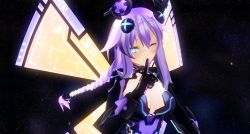 Rule 34 | 10s, 1girl, 3d, absurdres, blue eyes, blush, braid, breasts, cleavage, finger to mouth, gloves, hair ornament, highres, leotard, long hair, looking at viewer, neptune (neptunia), neptune (series), one eye closed, purple hair, purple heart (neptunia), solo, sumxsum03, symbol-shaped pupils, twin braids, very long hair