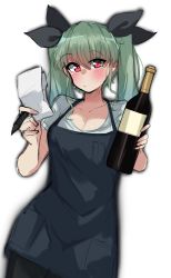 Rule 34 | 1girl, absurdres, anchovy (girls und panzer), apron, black ribbon, blue apron, bottle, closed mouth, drill hair, girls und panzer, green hair, hair ribbon, highres, holding, holding bottle, holding notepad, holding pen, kshimu, light frown, long hair, looking at viewer, notepad, pen, red eyes, ribbon, shirt, short sleeves, simple background, sketch, solo, standing, t-shirt, twin drills, twintails, white background, white shirt, wine bottle