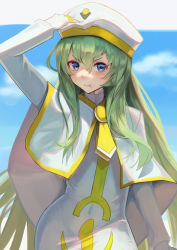 Rule 34 | 1girl, absurdres, alice carroll, aria (manga), arm up, blouse, blue eyes, blue sky, breasts, commentary request, covered navel, cowboy shot, dress, fingerless gloves, gloves, green hair, hair between eyes, hakusyokuto, hand on headwear, highres, impossible clothes, impossible dress, long hair, long sleeves, looking at viewer, orange planet uniform, pout, shadow, shirt, sidelocks, skin tight, sky, solo, v-shaped eyebrows, very long hair, white dress, white gloves, white shirt, yellow neckwear