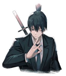 Rule 34 | 1boy, black eyes, black hair, black jacket, black necktie, black suit, chainsaw man, chinese commentary, collared shirt, commentary request, cropped torso, formal, fox shadow puppet, hair between eyes, hand up, hayakawa aki, highres, jacket, katana, looking down, male focus, necktie, one eye closed, shirt, short hair, simple background, solo, suit, sword, tobunchudoku, topknot, upper body, weapon, weapon on back, white background, white shirt