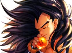 Rule 34 | 1boy, 2014, black hair, close-up, closed eyes, dated, dragon ball, dragon ball (object), dragonball z, fingernails, floating hair, glowing, hand to own mouth, highres, light smile, long hair, male focus, raditz, simple background, solo, upper body, very long hair, white background