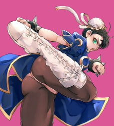 Rule 34 | 1girl, ass, black hair, blue dress, boots, bracelet, breasts, brown pantyhose, bun cover, capcom, china dress, chinese clothes, chun-li, clenched hands, cross-laced footwear, double bun, dress, green eyes, hair bun, hajime (kuninotokotatinokami), high kick, highres, jewelry, kicking, knee boots, large breasts, looking at viewer, open mouth, panties, panties under pantyhose, pantyhose, pink background, puffy short sleeves, puffy sleeves, short sleeves, shouting, solo, spiked bracelet, spikes, street fighter, street fighter ii (series), thick thighs, thighs, underwear, upskirt, white footwear, white panties
