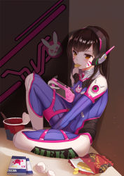 Rule 34 | 1girl, against wall, animal print, bag, between legs, bodysuit, boots, breasts, brown eyes, brown hair, bucket, character name, chips (food), chopsticks, clothes writing, covered navel, cup ramen, d.va (overwatch), eating, facepaint, facial mark, food, food in mouth, full body, hand between legs, handheld game console, headphones, heart, high collar, indoors, leg up, long hair, matching hair/eyes, medium breasts, o-yatsu, overwatch, overwatch 1, pilot suit, playing games, rabbit print, ribbed bodysuit, shadow, shoulder pads, sitting, skin tight, solo, swept bangs, whisker markings, white footwear