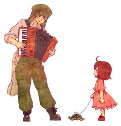 Rule 34 | 1boy, 1girl, accordion, ahoge, blush, boots, brown hair, child, colored pencil (medium), instrument, leash, music, original, playing instrument, short hair, simple background, smile, star (symbol), terrajin, traditional media, turtle, white background