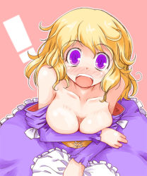 Rule 34 | 1girl, bad id, bad pixiv id, blonde hair, breasts, cleavage, covering privates, covering breasts, embarrassed, female focus, ghostly field club, kanoe soushi, large breasts, long hair, maribel hearn, purple eyes, solo, touhou, wardrobe malfunction