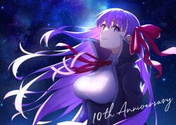 Rule 34 | 1girl, anniversary, bb (fate), bb (fate/extra), black coat, bow, breasts, closed mouth, coat, commentary, english commentary, fate/extra, fate/extra ccc, fate (series), floating hair, hair bow, highres, large breasts, long hair, looking at viewer, neck ribbon, night, night sky, open clothes, open coat, outdoors, purple eyes, purple hair, red bow, red ribbon, ribbon, sano jinya, shirt, sky, smile, solo, star (sky), white shirt