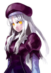 Rule 34 | 1girl, bad id, bad pixiv id, caren hortensia, dress, fate/hollow ataraxia, fate (series), hat, highres, layered sleeves, long hair, nunohashi (shock wave), rogin (guround), simple background, solo, white background, white hair, yellow eyes