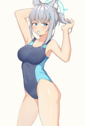 Rule 34 | 1girl, absurdres, animal ear fluff, animal ears, black one-piece swimsuit, blue archive, blue eyes, breasts, competition swimsuit, covered navel, cross hair ornament, extra ears, grey hair, hair ornament, halo, highres, hitori yui, holding, holding hair, low ponytail, medium breasts, medium hair, mismatched pupils, mouth hold, multicolored clothes, multicolored swimsuit, official alternate costume, one-piece swimsuit, rubber band, shiroko (blue archive), shiroko (swimsuit) (blue archive), simple background, solo, swimsuit, white background, wolf ears