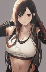 Rule 34 | 1girl, bare shoulders, black gloves, black skirt, bracelet, breasts, brown hair, cleavage, closed mouth, collarbone, earrings, elbow gloves, elbow pads, final fantasy, final fantasy vii, final fantasy vii remake, fingerless gloves, gloves, highres, jewelry, large breasts, long hair, looking at viewer, materia, midriff, navel, red eyes, shirt, simple background, skirt, smile, sola (solo0730), solo, square enix, suspender skirt, suspenders, tank top, taut clothes, taut shirt, tifa lockhart, white tank top
