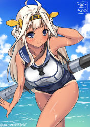 Rule 34 | 1girl, alternate hair color, blonde hair, blue eyes, breasts, cosplay, crop top, double bun, hairband, kantai collection, kongou (kancolle), large breasts, long hair, one-piece tan, ro-500 (kancolle), ro-500 (kancolle) (cosplay), sailor collar, sakiyamama, school swimsuit, solo, swimsuit, swimsuit under clothes, tan, tanline, torpedo, wet