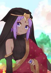Rule 34 | 1girl, bare shoulders, black shirt, blue sky, blush, closed mouth, cloud, cloudy sky, dark skin, dark-skinned female, day, fate/prototype, fate/prototype: fragments of blue and silver, fate (series), hassan of serenity (fate), i.u.y, jewelry, outdoors, purple eyes, purple hair, ribbed shirt, ring, see-through, shirt, sidelocks, sky, sleeveless, sleeveless shirt, smile, solo, tree, veil