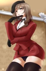 Rule 34 | 1girl, adapted costume, angakoq, beret, black gloves, black hat, black panties, black ribbon, black thighhighs, blazer, blurry, blurry background, blush, bokeh, commentary request, cowboy shot, depth of field, dress shirt, formal, girls und panzer, gloves, half-closed eyes, hat, high collar, highres, jacket, long hair, long sleeves, looking at viewer, low-tied long hair, mature female, microskirt, neck ribbon, open mouth, panties, pantyshot, partial commentary, red jacket, ribbon, shimada chiyo, shirt, skindentation, skirt, skirt suit, solo, standing, suit, sweatdrop, thighhighs, tilted headwear, underwear, white shirt