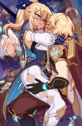 Rule 34 | 1boy, 1girl, aether (genshin impact), ahoge, belt, black gloves, blonde hair, blue capelet, blue eyes, blue gloves, blush, boots, capelet, chair, clothed sex, cum, cum in pussy, cum overflow, detached sleeves, earrings, genshin impact, gloves, hair between eyes, heart, hetero, high ponytail, highres, hug, indoors, jean (genshin impact), jewelry, knee boots, long hair, looking at another, merunyaa, pants, parted lips, penis, ponytail, pussy, sex, sitting, straddling, teeth, tight clothes, tight pants, torn clothes, torn pants, trembling, uncensored, upright straddle, vaginal, white footwear, white pants