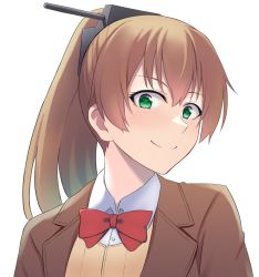 Rule 34 | 1girl, blazer, brown cardigan, brown hair, brown jacket, cardigan, green eyes, hair ornament, highres, jacket, kantai collection, kumano (kancolle), long hair, looking at viewer, ponytail, red neckwear, school uniform, simple background, smile, solo, takaman (gaffe), upper body, white background