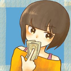 Rule 34 | 1girl, banknote, bare shoulders, blue background, blunt bangs, blunt ends, blush, bob cut, border, brown eyes, brown hair, close-up, commentary, covering own mouth, dot nose, hand up, highres, holding, holding money, looking at viewer, manapaint21, money, off-shoulder shirt, off shoulder, outside border, portrait, ranma 1/2, shirt, short hair, solo, tendou nabiki, yellow shirt