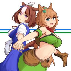 Rule 34 | 1girl, :3, :d, ahoge, animal ears, bandeau, bare shoulders, belt, blue dress, blue eyes, breasts, brown belt, brown gloves, brown hair, cleavage, commentary request, detached sleeves, dress, gloves, green skirt, hair ornament, hairband, highres, holding hands, horse ears, large breasts, looking at viewer, meisho doto (umamusume), midriff, mongo mongo, multicolored hair, navel, open mouth, pink hair, pink hairband, purple eyes, short hair, short sleeves, simple background, skirt, smile, solo, star (symbol), star hair ornament, stomach, taiki shuttle (umamusume), two-tone hair, umamusume, white background, white gloves