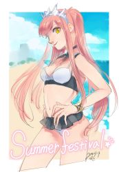 Rule 34 | 1girl, beach, bikini, bracelet, choker, dated, english text, fate/grand order, fate (series), from side, hand on own hip, jewelry, long hair, looking at viewer, medb (fate), medb (swimsuit saber) (fate), nishiyama (whatsoy), outdoors, pink hair, signature, skirt, sky, smile, solo, star (symbol), swimsuit, tiara, twintails, type-moon, yellow eyes
