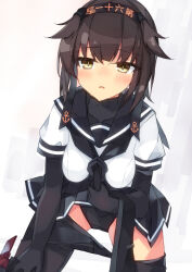Rule 34 | 1girl, anchor symbol, beritabo, black gloves, black hairband, black panties, black pantyhose, black sailor collar, black skirt, blush, breasts, brown eyes, brown hair, clothes lift, clothes pull, commentary request, elbow gloves, gloves, hairband, hatsuzuki (kancolle), highres, kantai collection, leaning forward, looking at viewer, medium breasts, panties, pantyhose, pantyhose pull, parted lips, pleated skirt, puffy short sleeves, puffy sleeves, sailor collar, school uniform, serafuku, shirt, short sleeves, skirt, skirt lift, solo, underwear, white shirt