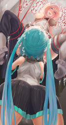 Rule 34 | 2girls, ^^^, absurdres, ahegao, aqua hair, arms behind head, ass, azilyannki, bad id, bad pixiv id, bare arms, bare shoulders, bdsm, blush, bondage, bound, breasts, clothes pull, cunnilingus, detached sleeves, dripping, dutch angle, femdom, hatsune miku, heart, highres, huge ass, knees up, long hair, medium breasts, megurine luka, multiple girls, nipples, no headgear, nose blush, one breast out, open mouth, oral, pink hair, pussy juice, restrained, rolling eyes, rope, shibari, shirt, skirt, skirt down, sleeveless, sleeveless shirt, smile, sound effects, spread legs, sweat, thighhighs, toes, tongue, tongue out, trembling, twintails, very long hair, vocaloid, yuri