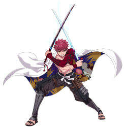 Rule 34 | 1boy, applechoc, cape, dual wielding, emiya shirou, fate/grand order, fate (series), fighting stance, flower, full body, highres, holding, igote, limited/zero over, looking at viewer, male focus, pants, pants tucked in, red hair, senji muramasa (fate), simple background, solo, sword, weapon, white background, white cape, wristband, yellow eyes