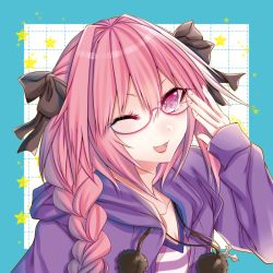Rule 34 | 1boy, ;d, adjusting eyewear, astolfo (fate), astolfo (memories at trifas) (fate), bad id, bad pixiv id, bespectacled, blush, braid, fang, fate/apocrypha, fate (series), glasses, hair ribbon, hood, hoodie, long hair, looking at viewer, male focus, official alternate costume, one eye closed, open mouth, pink hair, pom pom (clothes), purple eyes, ribbon, shisei (kyuushoku banchou), single braid, smile, solo, trap
