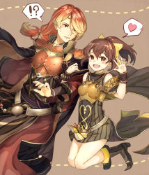 Rule 34 | !?, 1boy, 1girl, armor, belt, blonde hair, blush, boots, bow, bracelet, breastplate, brother and sister, brown background, brown eyes, brown hair, cape, delthea (fire emblem), fang, fire emblem, fire emblem echoes: shadows of valentia, haru (nakajou-28), heart, jewelry, long hair, low ponytail, luthier (fire emblem), multicolored hair, nintendo, open mouth, orange eyes, orange hair, ponytail, siblings, teeth, two-tone hair