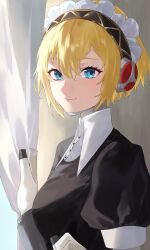 Rule 34 | 1girl, aegis (persona), android, black dress, blonde hair, blue eyes, breasts, closed mouth, collared shirt, commentary, curtains, dress, frilled hairband, frills, hair between eyes, hairband, highres, indoors, konchi (63438789), looking at viewer, maid, maid headdress, medium breasts, persona, persona 3, persona 3 reload, puffy short sleeves, puffy sleeves, robot ears, shirt, short hair, short sleeves, smile, solo, upper body, white shirt