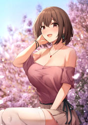 Rule 34 | 1girl, aged up, bare shoulders, blurry, blurry background, blush, bracelet, breasts, brown eyes, brown hair, brown skirt, cleavage, collared shirt, commentary request, day, earrings, hair between eyes, hand up, highres, jewelry, kannko bokujou, large breasts, looking at viewer, off-shoulder shirt, off shoulder, open mouth, outdoors, petals, pink shirt, pleated skirt, princess connect!, revision, shirt, shirt tucked in, short hair, sitting, skirt, solo, thighhighs, white thighhighs, yui (princess connect!), yui (real) (princess connect!), zettai ryouiki