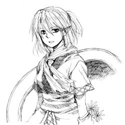 Rule 34 | 1girl, arm warmers, empty eyes, female focus, flower, greyscale, half updo, lowres, mizuhashi parsee, monochrome, pointy ears, rex k, scarf, short hair, short sleeves, solo, touhou, traditional media