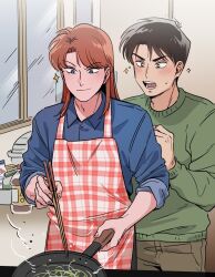 Rule 34 | 2boys, apron, black eyes, black hair, blue (aflsw), blue shirt, blush, brown hair, brown pants, chopsticks, closed mouth, collared shirt, commentary request, cooking, green sweater, highres, holding, holding chopsticks, ichijou seiya, indoors, joukyou seikatsuroku ichijou, kaiji, kitchen, long hair, long sleeves, male focus, medium bangs, multiple boys, murakami tamotsu, open mouth, pants, parted bangs, pink apron, plaid, plaid apron, shirt, short hair, sleeves rolled up, smile, soy sauce bottle, sparkle, sweater, upper body, v-shaped eyebrows