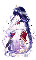 Rule 34 | 1girl, absurdres, bare shoulders, black gloves, breasts, bridal gauntlets, cleavage, commentary request, detached collar, genshin impact, gloves, highres, japanese clothes, kimono, large breasts, long braid, long hair, medium breasts, nail polish, neck ribbon, obi, off shoulder, purple eyes, purple hair, purple kimono, purple nails, raiden shogun, red sash, ribbon, sash, sheya, simple background, solo, standing, very long hair, white background