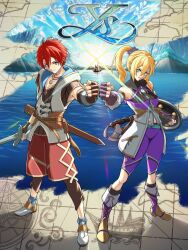 Rule 34 | 1boy, 1girl, adol christin, axe, blonde hair, blue eyes, boots, chiga akira, double-parted bangs, fingerless gloves, fist bump, full body, gloves, green eyes, hair between eyes, highres, holding, holding shield, holding sword, holding weapon, iceberg, jewelry, karja balta, looking at viewer, necklace, ocean, ponytail, red hair, sheath, shield, shoes, sneakers, sword, weapon, ys, ys x nordics