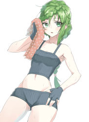 Rule 34 | 1girl, anne petriceani, arm up, armpits, braid, braided bangs, braided ponytail, breasts, crown braid, fingerless gloves, gloves, green hair, kakko madoka, looking at viewer, navel, open mouth, panties, short hair, short shorts, shorts, simple background, solo, star ocean, star ocean integrity and faithlessness, underwear, white background