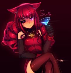 Rule 34 | 1girl, aduare, adure mi, alcohol, animal ears, artificial eye, bad id, bad twitter id, bare shoulders, blush, cat ears, cocktail glass, cup, detached sleeves, dress, drill hair, drinking glass, elbow gloves, gloves, glowing, glowing eye, hand on lap, jewelry, kiseru, crossed legs, looking at viewer, mechanical eye, necklace, smoking pipe, purple eyes, raised eyebrow, red hair, solo, stella hoshii, thighhighs, va-11 hall-a
