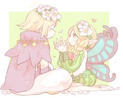 Rule 34 | 1boy, 1girl, bandaged arm, bandages, blonde hair, blue wings, braid, butterfly wings, cape, closed eyes, closed mouth, fairy, flower, hands up, head wreath, heart, ingway (odin sphere), insect wings, katiko, leaf, long hair, long sleeves, looking at another, mercedes (odin sphere), multicolored wings, odin sphere, pants, petals, pink eyes, pointy ears, puff and slash sleeves, puffy sleeves, purple cape, purple wings, short hair, short jumpsuit, sitting, smile, twin braids, two-tone wings, wariza, white flower, white footwear, white pants, wings