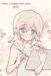 Rule 34 | 1girl, 2019, bare arms, bare shoulders, blonde hair, blue eyes, blush, closed mouth, collarbone, colored pencil, dress, eyes visible through hair, fingernails, hair between eyes, hair over shoulder, happy new year, highres, holding, holding pencil, kingdom hearts, long hair, namine, new year, pencil, sketchbook, smile, solo, totoma, upper body, white dress