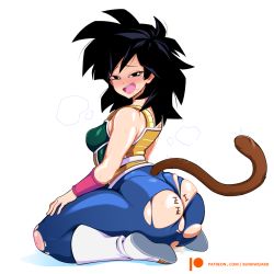Rule 34 | 1girl, after fellatio, ass, black eyes, black hair, blush, body writing, bracelet, breasts, bunkwizard, dragon ball, dragon ball super, female focus, gine, half-closed eyes, huge ass, jewelry, medium breasts, monkey tail, open mouth, saiyan, simple background, sitting, smile, solo, stray pubic hair, tail, torn clothes, white background
