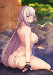 Rule 34 | 1girl, ass, azur lane, back, backless outfit, black gloves, blue eyes, blurry, blush, breasts, day, depth of field, gloves, grey hair, hair ornament, highres, large breasts, long hair, looking at viewer, looking back, one-piece swimsuit, onsen, outdoors, parted lips, partially fingerless gloves, shoukaku (azur lane), sideboob, sidelocks, sitting, solo, swimsuit, thighs, tobimura, very long hair, white one-piece swimsuit