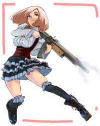 Rule 34 | 1girl, 3f1n92k0, ankle boots, belt boots, blonde hair, boots, corset, cross-laced footwear, frilled skirt, frills, gun, holding, holding gun, holding weapon, kneehighs, lace-up boots, original, platform footwear, skirt, smoke, socks, solo, weapon, white background