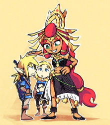 Rule 34 | 1boy, 2girls, abs, blue eyes, blue lips, chibi, cloak, commentary, english commentary, gerudo, green eyes, headpiece, height difference, link, lipstick, long hair, low-tied long hair, makeup, multiple girls, nintendo, aged up, over shoulder, pointy ears, princess zelda, red hair, riju, setz, shield, short ponytail, sword, sword over shoulder, the legend of zelda, the legend of zelda: breath of the wild, the legend of zelda: tears of the kingdom, thick eyebrows, very long hair, weapon, weapon over shoulder, alternate universe