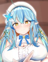 Rule 34 | 1girl, ahoge, bare shoulders, beret, blue bow, blue bowtie, blue hair, blurry, blurry background, blush, bow, bowtie, braid, breasts, cleavage cutout, clothing cutout, colored tips, elf, flower, hair between eyes, hair flower, hair ornament, hat, heart, highres, hololive, large breasts, long hair, looking at viewer, multicolored hair, pointy ears, shirt, sidelocks, sleeveless, smile, solo, streaked hair, togutogu, upper body, virtual youtuber, white flower, white hat, white shirt, yellow eyes, yukihana lamy