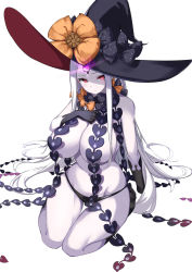Rule 34 | 1girl, abigail williams (fate), abigail williams (third ascension) (fate), aged up, bare shoulders, black bow, black hat, black panties, blush, bow, breast curtains, breasts, closed mouth, colored skin, fate/grand order, fate (series), forehead, glowing, glowing eye, hair bow, hand on own chest, hat, highres, keyhole, large breasts, long hair, looking at viewer, multiple bows, navel, orange bow, panties, parted bangs, polka dot, polka dot bow, red eyes, simple background, sitting, skull print, solo, spider apple, thighs, third eye, underwear, wariza, white background, white hair, white skin, witch hat